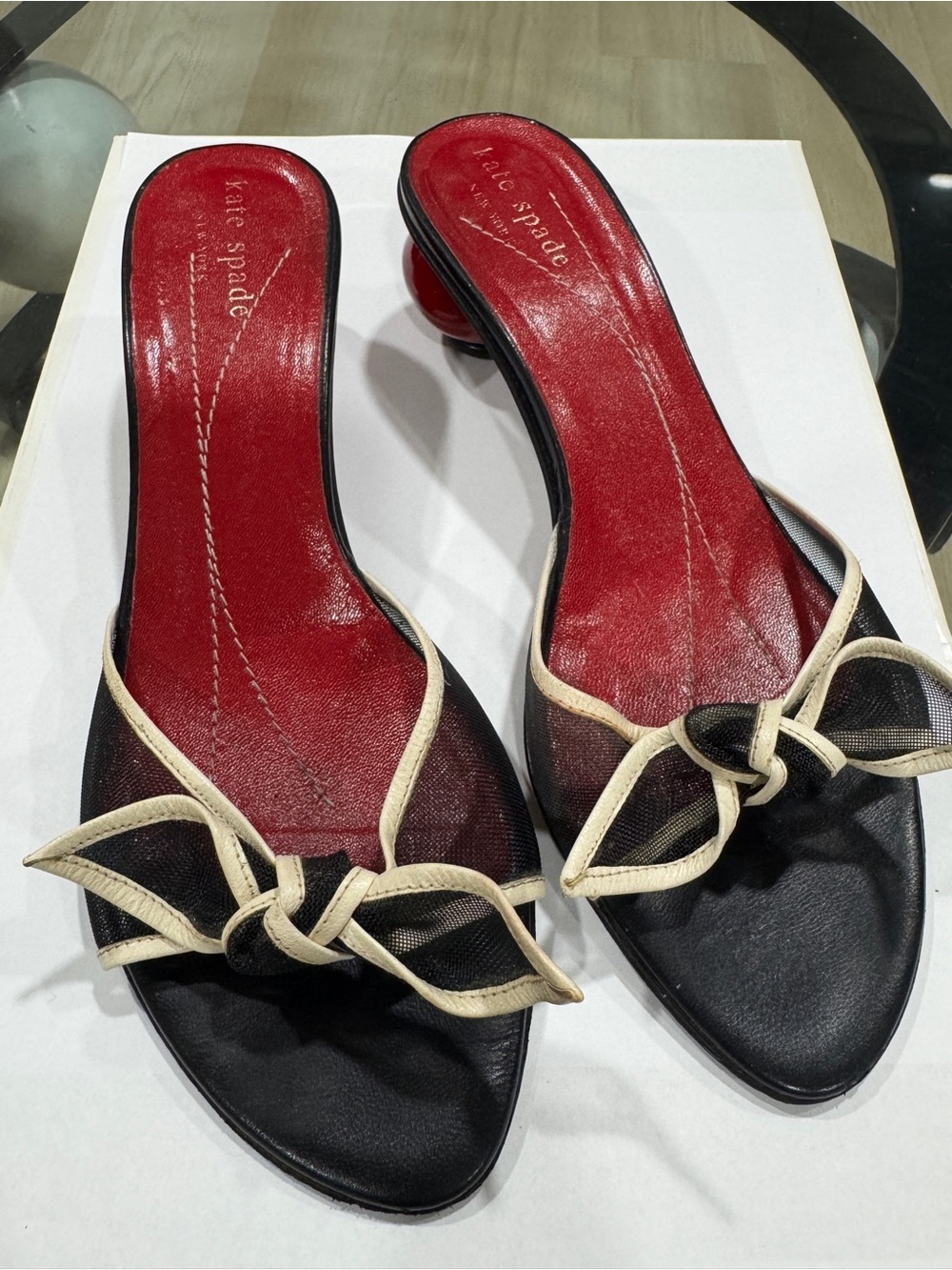 kate spade Black Mesh Slide Mules with Cream Trim and Red Insole